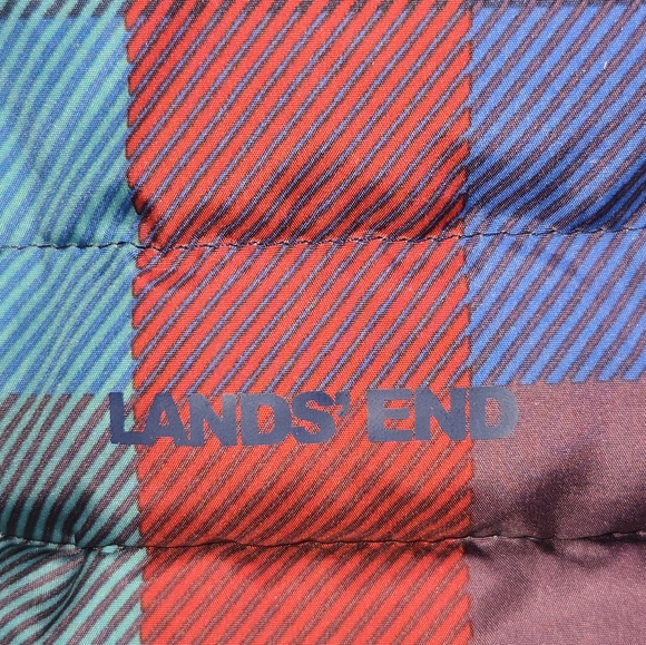 Lands' End Turquoise, Blue & Red Plaid Full Zip Down Puffer Vest Size L(14-16) - Picture 8 of 12